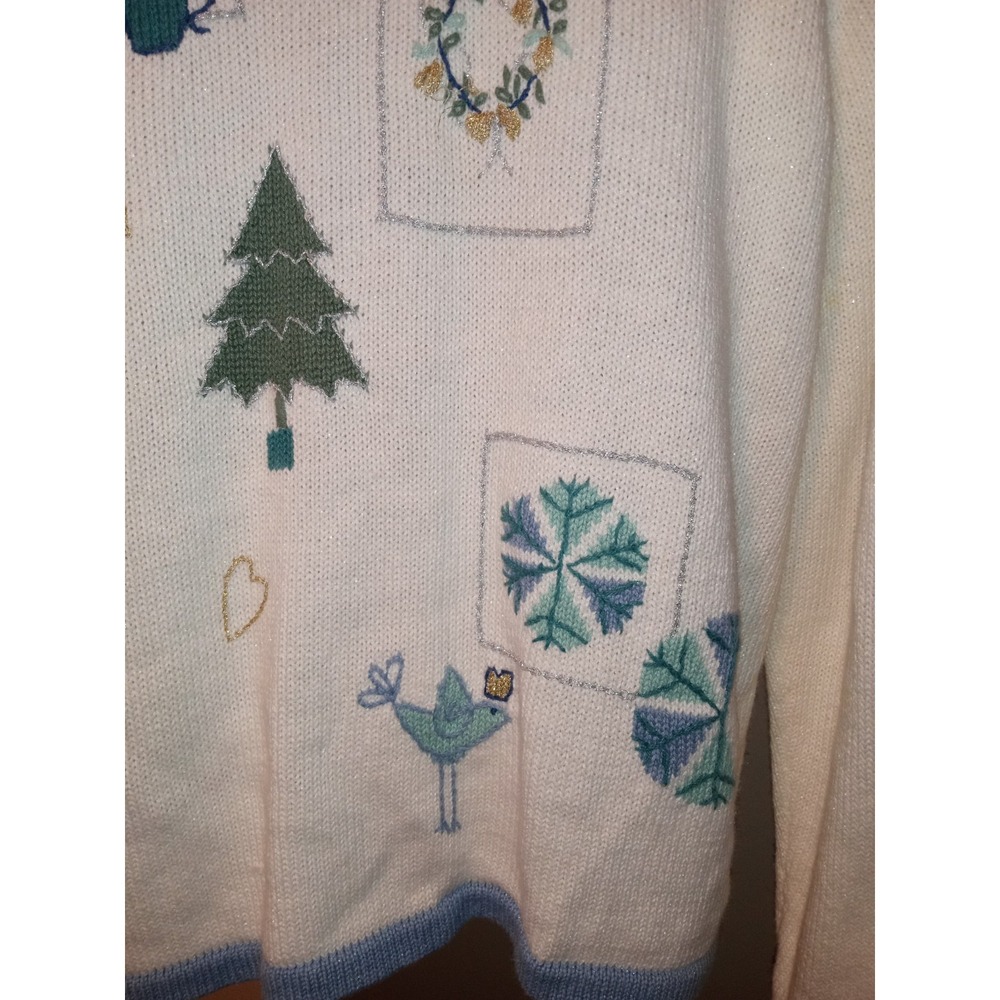 Vintage Winter Wonderland Embroidered Cardigan Sweater Blue Cream Christmas L - Picture 10 of 15